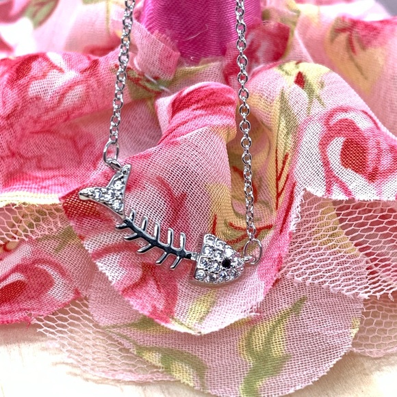 Sterling Silver 925 CZ Fish Bone Necklace - Picture 2 of 5